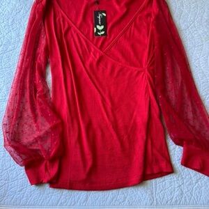 Source Unknown Red V-Neck Top with Sheer Polka-Dot Puff Sleeves